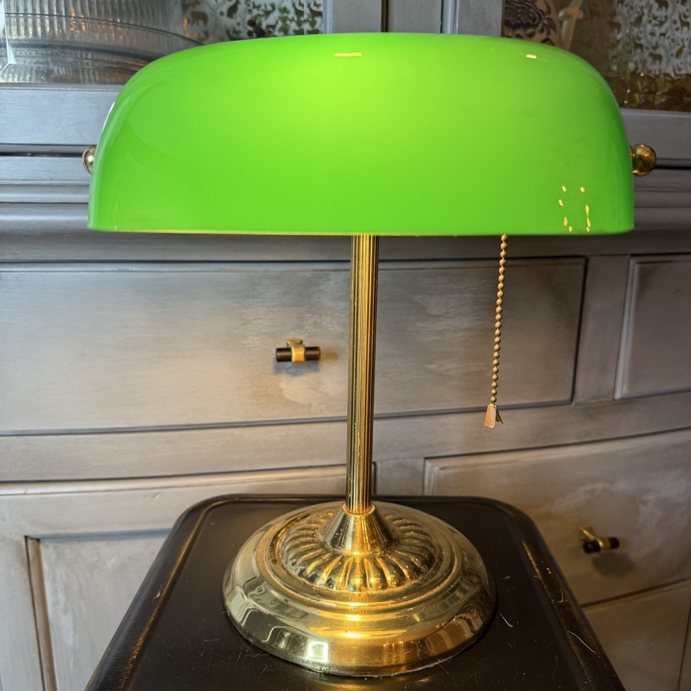 Vintage Bankers Desk Lamp Emerald Green Glass Shade and Column Underwriters Lab